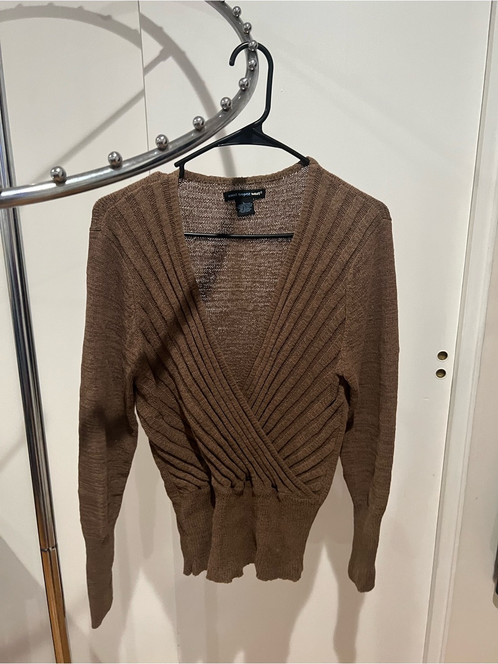 Saint Tropez West Brown Ribbed Wrap V-Neck Sweater